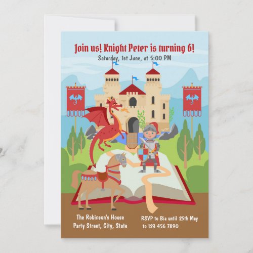 Knight and dragon storybook Boy Birthday  Invitation