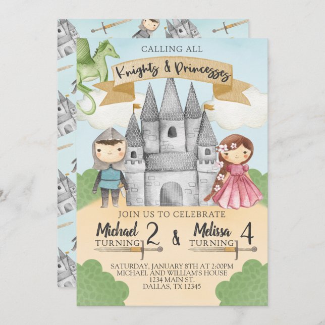 Knight and Princess Birthday Invitation Sibling (Front/Back)