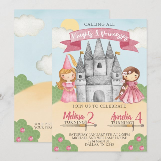 Knight and Princess Birthday Party Invitation Pink (Front/Back)