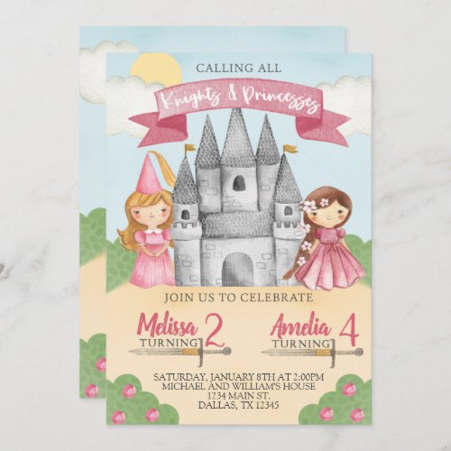 Knight and Princess Birthday Party Invitation Pink