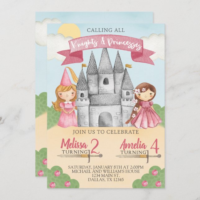 Knight and Princess Birthday Party Invitation Pink (Front/Back)