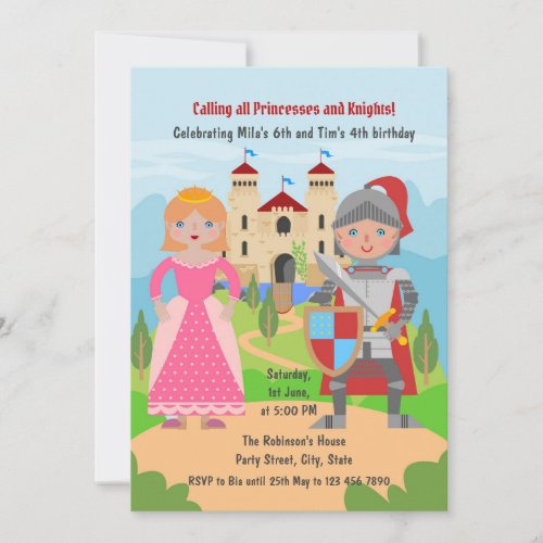 Knight and Princess joint birthday party Invitation