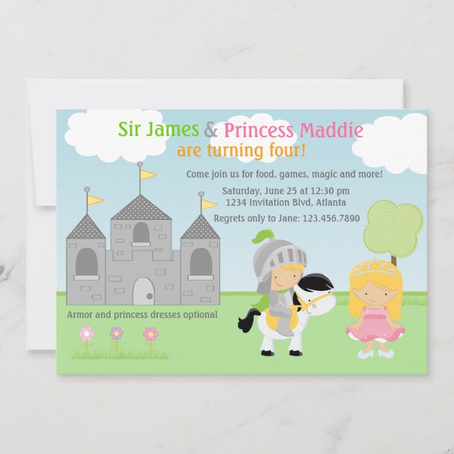 Knight and Princess Twins Joint Party Invitation (Front)
