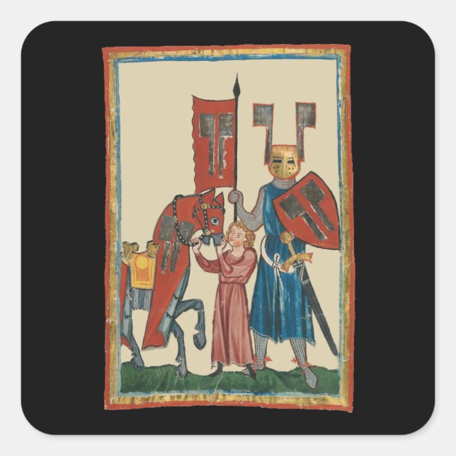 Knight and Squire, 14th Century Medieval Art Square Sticker (Front)