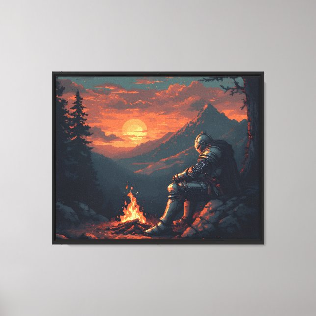 Knight at Sunset – Campfire Reflection Fantasy Art Canvas Print (Front)
