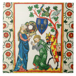 KNIGHT BEING ARMED BY HIS LADY ,MEDIEVAL MINIATURE CERAMIC TILE