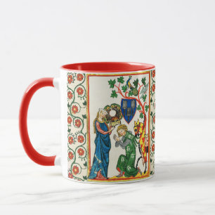 KNIGHT BEING ARMED BY HIS LADY ,MEDIEVAL MINIATURE MUG
