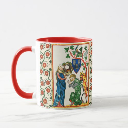 KNIGHT BEING ARMED BY HIS LADY MEDIEVAL MINIATURE MUG