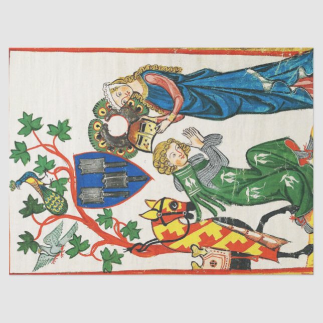 KNIGHT BEING ARMED BY HIS LADY ,MEDIEVAL MINIATURE TISSUE PAPER (Front)