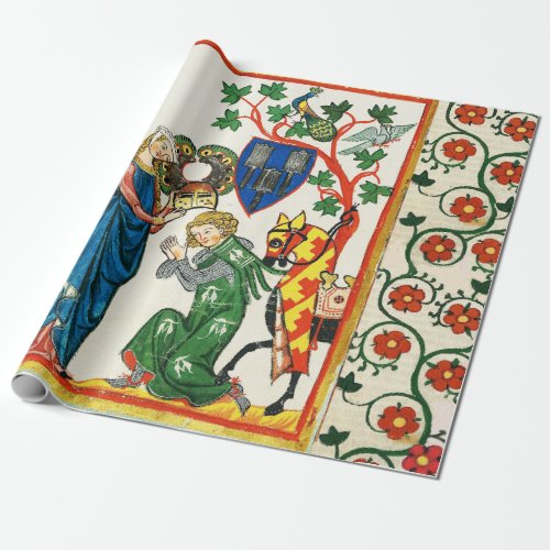 KNIGHT BEING ARMED BY HIS LADY MEDIEVAL MINIATURE WRAPPING PAPER