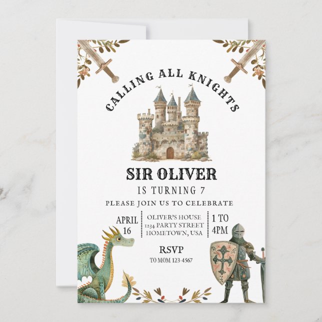 Knight Birthday Invitation, Dragon Invitation (Front)