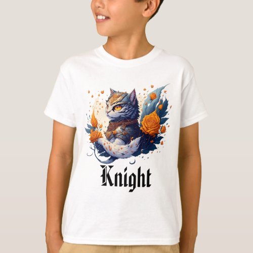 Knight Cat Heroic Warrior and roses kids T_Shirt