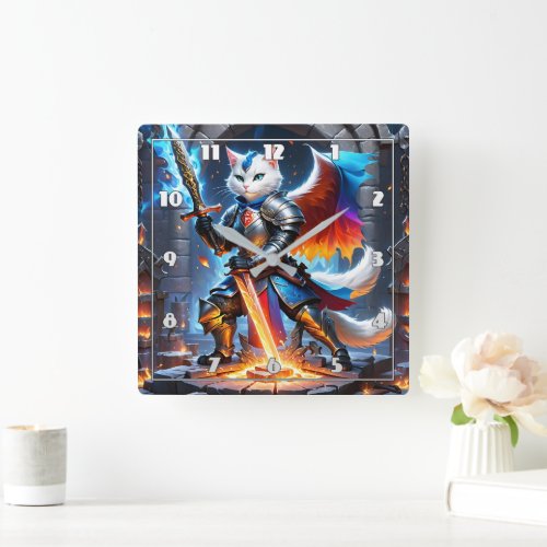 Knight Cat in Armor With Sword in Fantasy Setting Square Wall Clock