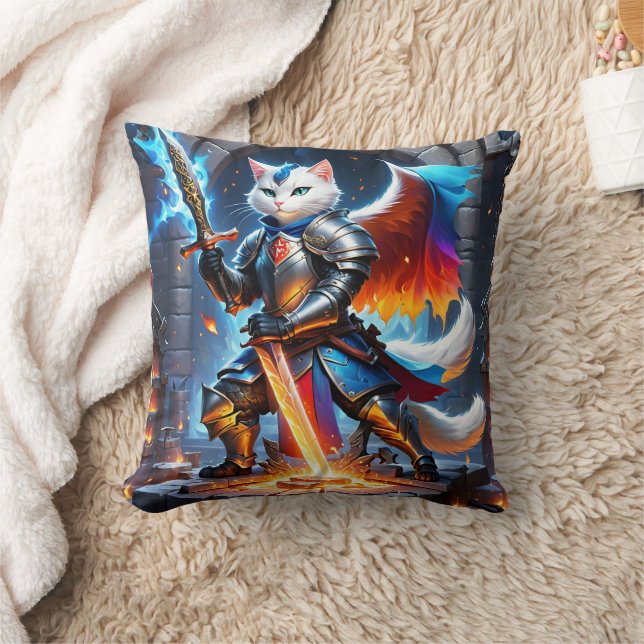 Knight Cat in Armor With Sword in Fantasy Setting Throw Pillow (Blanket)