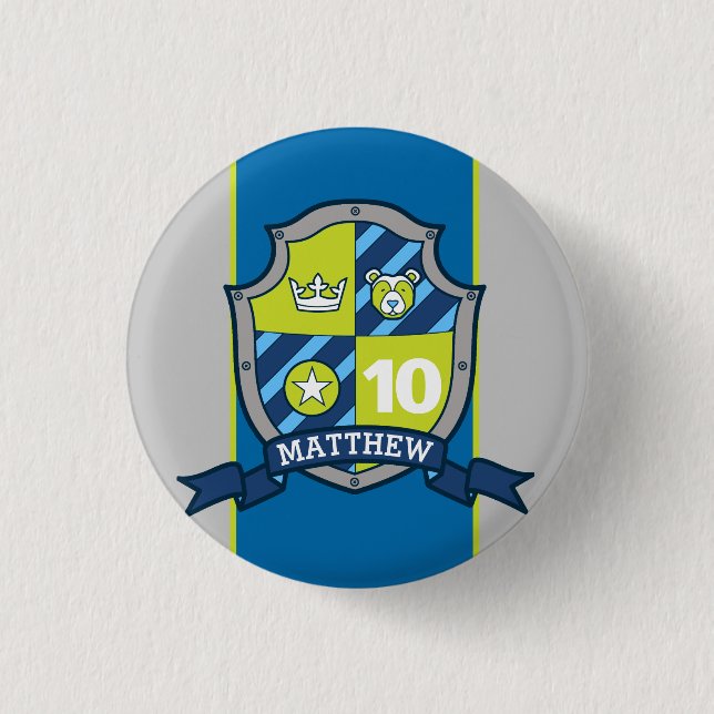 Knight crest 10th birthday age button pin (Front)