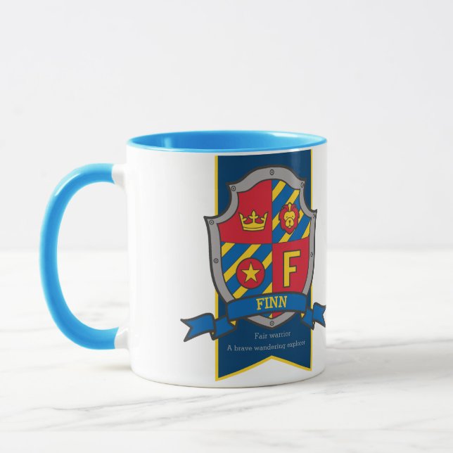 Knight crest red blue name meaning Finn F mug (Left)