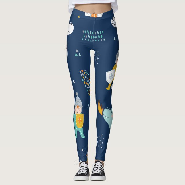 Knight Dragon Castle Childish Pattern Leggings (Front)