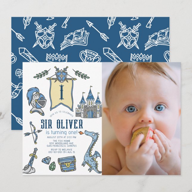 Knight Dragon Castle Medieval 1st Birthday Photo Invitation (Front/Back)