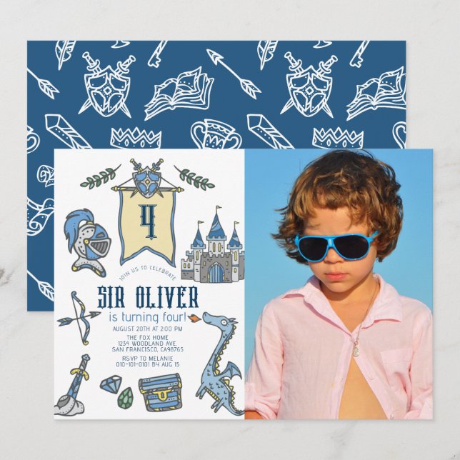 Knight Dragon Castle Medieval Birthday Photo Invitation (Front/Back)