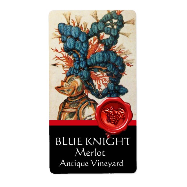 KNIGHT HELMET WITH BLUE FEATHERS,RED WAX SEAL Wine Label (Front)