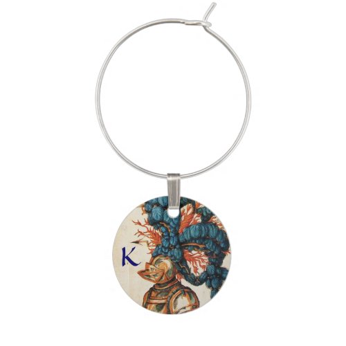 KNIGHT HELMET WITH RED BLUE FEATHERS Monogram Wine Glass Charm