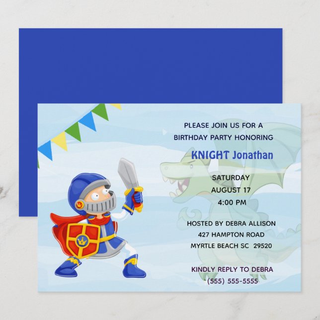 Knight In Armor Dragon Birthday Party Invitation (Front/Back)