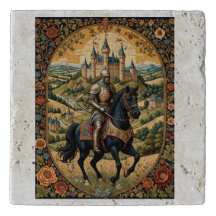 Knight in armor riding in front of a landscape