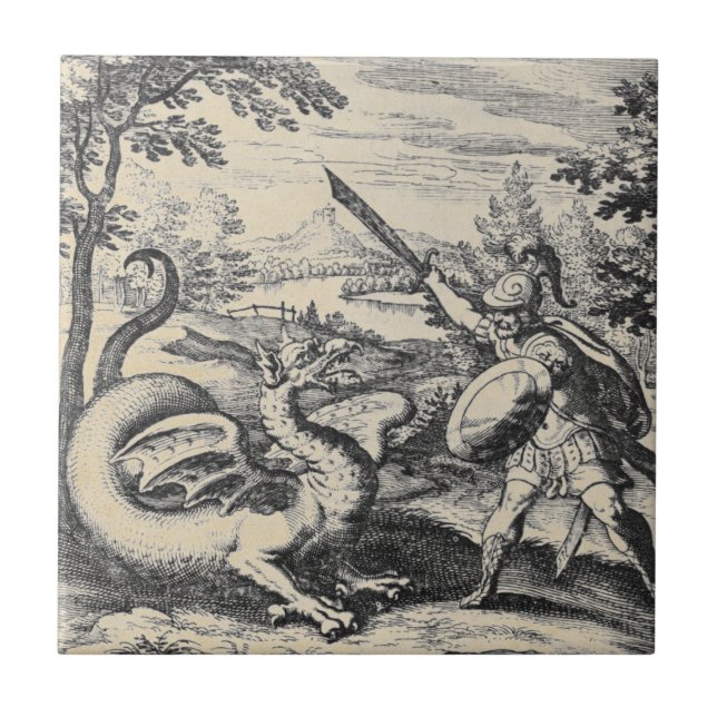 Knight in Armor Slaying the Dragon Ceramic Tile (Front)