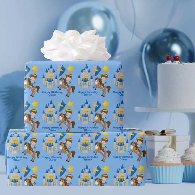 Knight in Shining Armor Custom Blue Boys Birthday Wrapping Paper (Creator Uploaded)