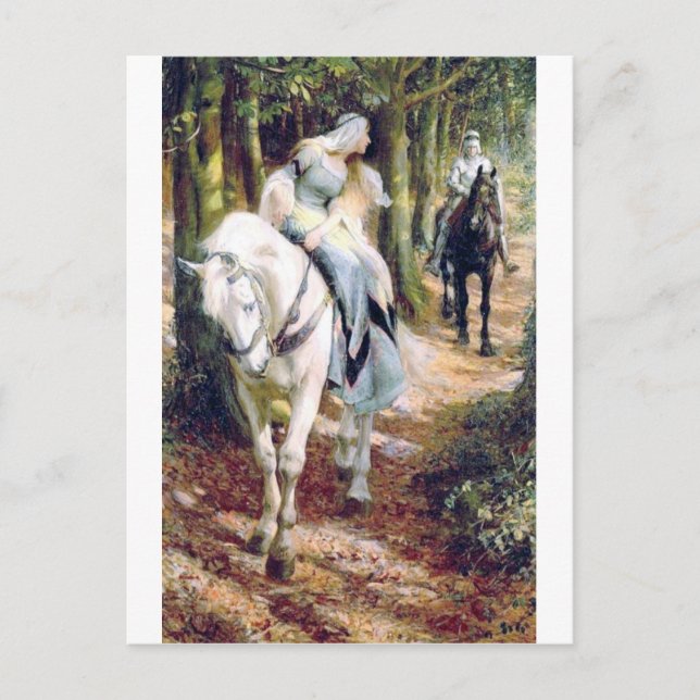 Knight lady white horse medieval romantic postcard (Front)