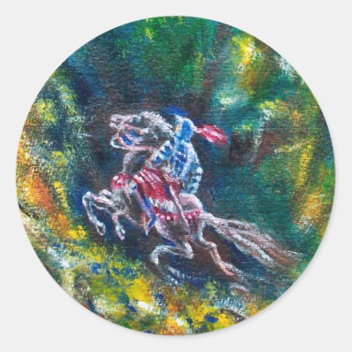KNIGHT LANCELOT HORSE RIDING IN GREEN FOREST CLASSIC ROUND STICKER