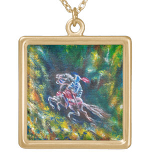 KNIGHT LANCELOT ,HORSE RIDING IN GREEN FOREST GOLD PLATED NECKLACE