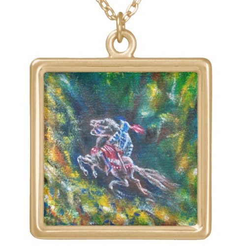 KNIGHT LANCELOT HORSE RIDING IN GREEN FOREST GOLD PLATED NECKLACE