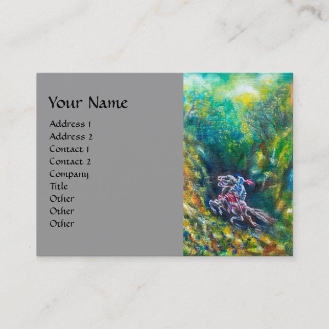 KNIGHT LANCELOT ,HORSE RIDING IN GREEN FOREST Grey Business Card (Front)