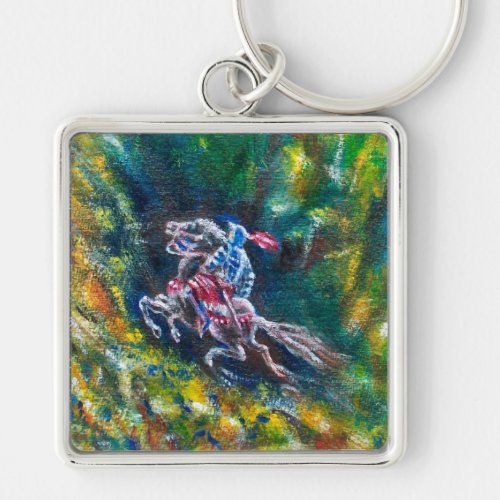 KNIGHT LANCELOT HORSE RIDING IN GREEN FOREST KEYCHAIN