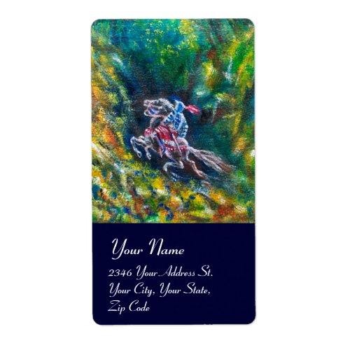KNIGHT LANCELOT HORSE RIDING IN GREEN FOREST LABEL