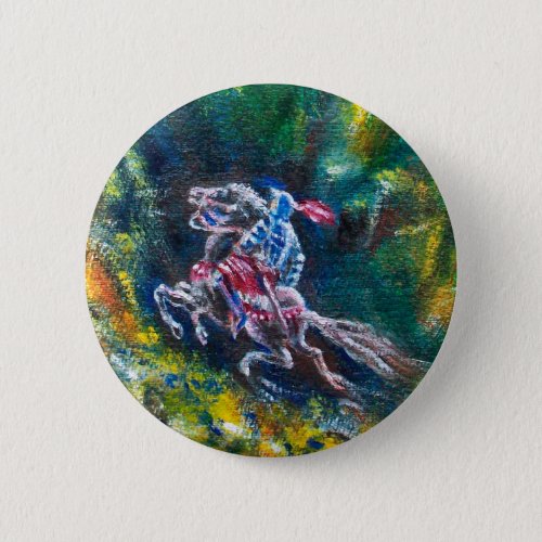 KNIGHT LANCELOT HORSE RIDING IN GREEN FOREST PINBACK BUTTON