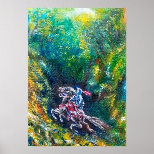 KNIGHT LANCELOT HORSE RIDING IN GREEN FOREST POSTER