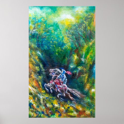 KNIGHT LANCELOT HORSE RIDING IN GREEN FOREST POSTER