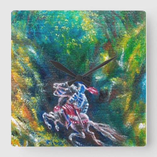 KNIGHT LANCELOT HORSE RIDING IN GREEN FOREST SQUARE WALL CLOCK