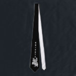 Knight Neck Tie<br><div class="desc">Handsome black and white neck tie, with a vintage illustration of a jousting knight on horse back, done in white against a black background. White custom text running vertical down the tie reads Knights. Great gift idea.</div>
