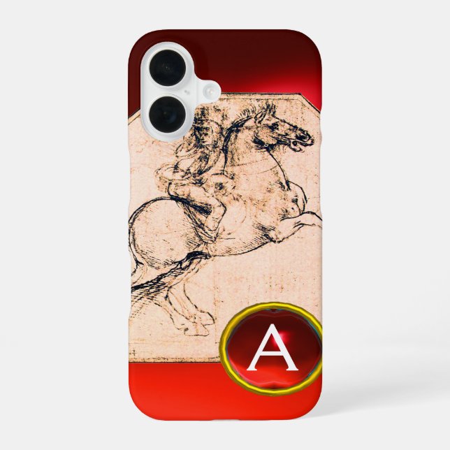 Knight on a Rearing Horse Red Ruby Gem Monogram Iphone Case (Back)