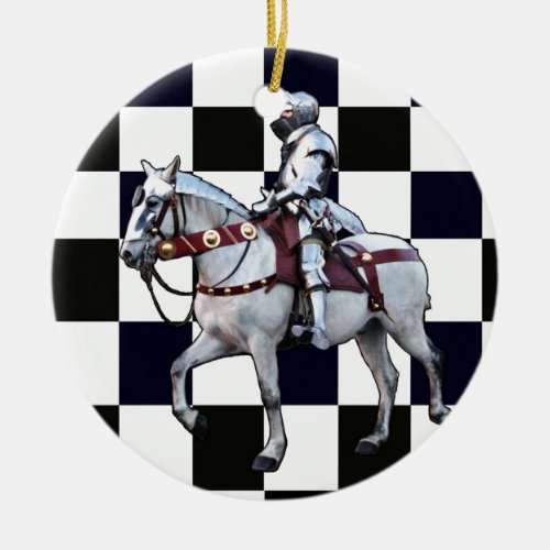 Knight on white horse with Chess board Ceramic Ornament