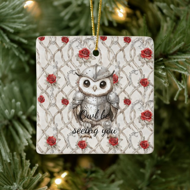 Knight Owl in Shining Armor Red Roses Seeing You Ceramic Ornament (Tree)