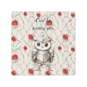 Knight Owl in Shining Armor Red Roses Seeing You Metal Print