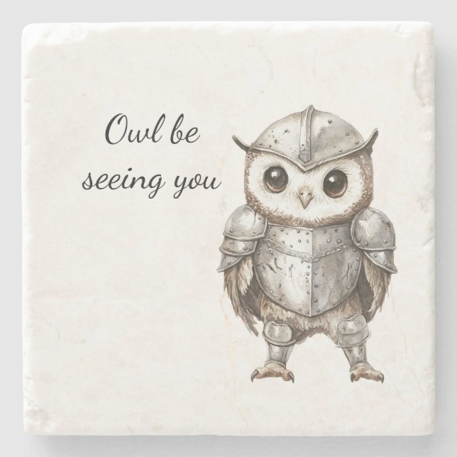 Knight Owl in Shining Armor Stone Coaster (Front)