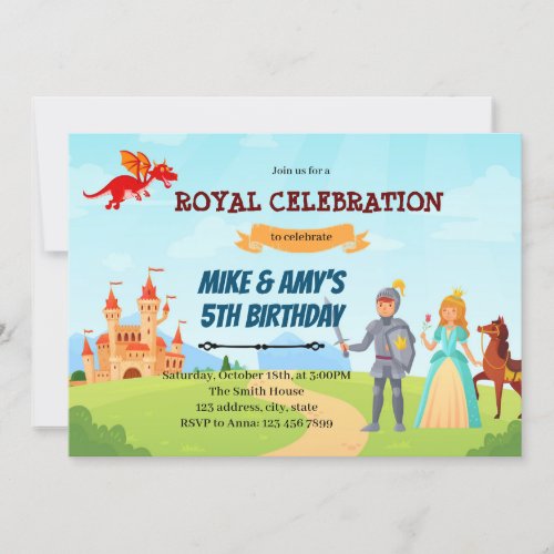 Knight princess birthday sibling invitation