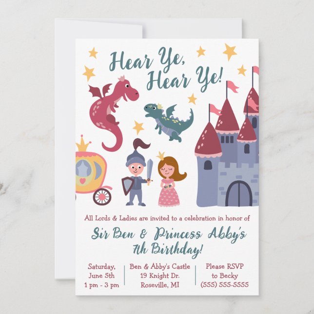 Knight & Princess, Dragon, Castle Birthday Party Invitation (Front)