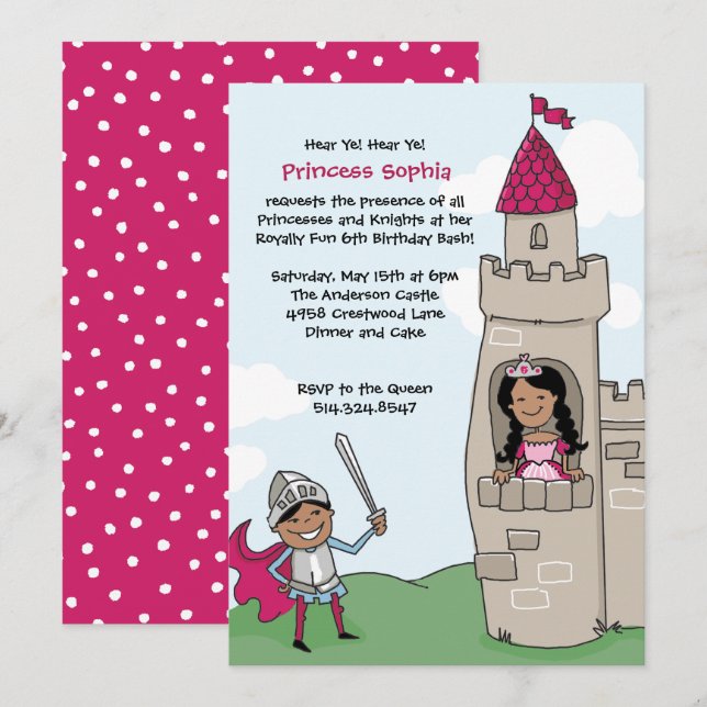 Knight Saves Princess Invitations: Black Hair Invitation (Front/Back)
