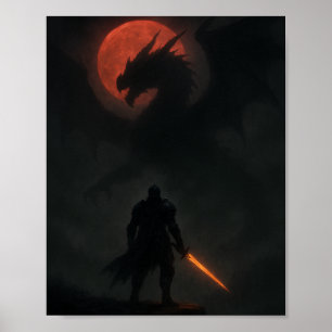Knight vs Dragon Under the Blood Moon Fantasy Post Poster